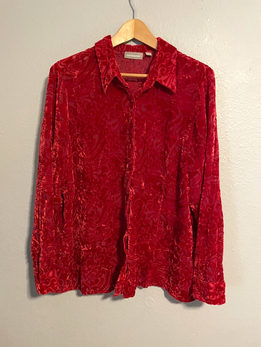 Croft & Barrow Womens Top Large Red Velvet Paisley Burnout Whimsical Boho Y2K